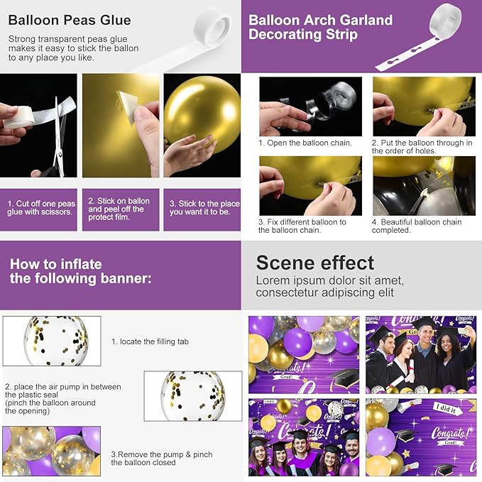 Graduation Party Decorations Including Congrats Grad Photography Backdrop Banner Balloons Garland Arch Kit for Adults Kids Grad Party Decoration Supplies (Purple and Gold)