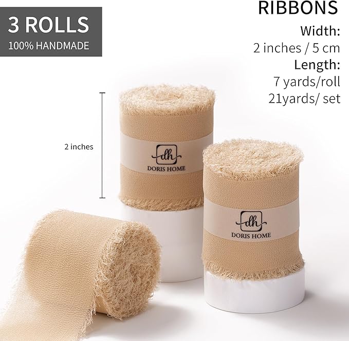 DORIS HOME Nude Chiffon Ribbon for Flower Bouquet, 2" x21Yd Fabric Ribbon for Gift Wrapping, Handmade Frayed Ribbon for Wedding/Christmas Decorations