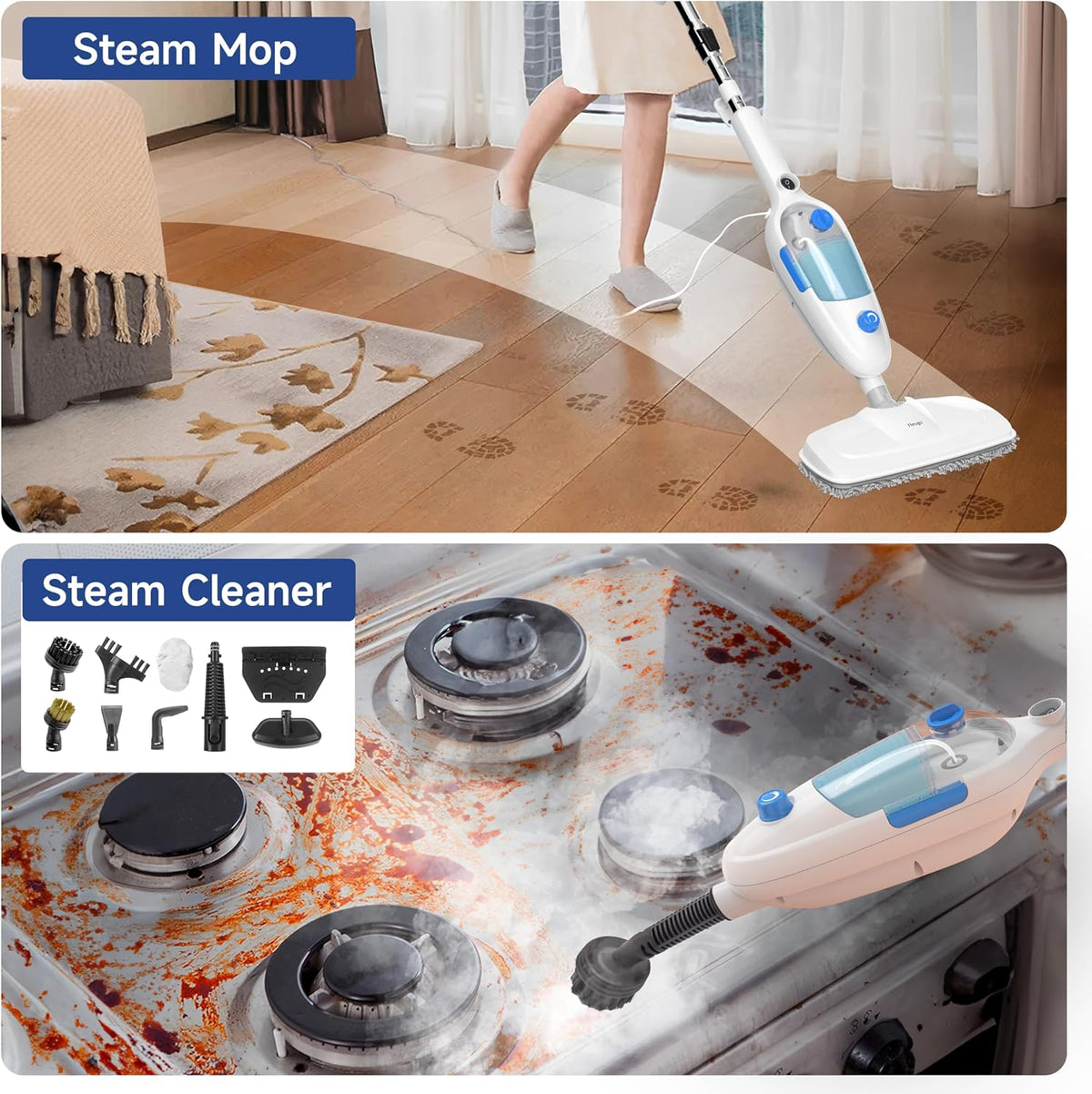 Steam Mop for Floor Cleaning, 10in1 Multi Purpose Handheld Steamer Cleaner Detachable for Vinyl, Laminate, Carpet, Tile Hard Floor Grout w/ 2 pad, 23ft Cord, 15oz Tank, Adjustable Steam & Height