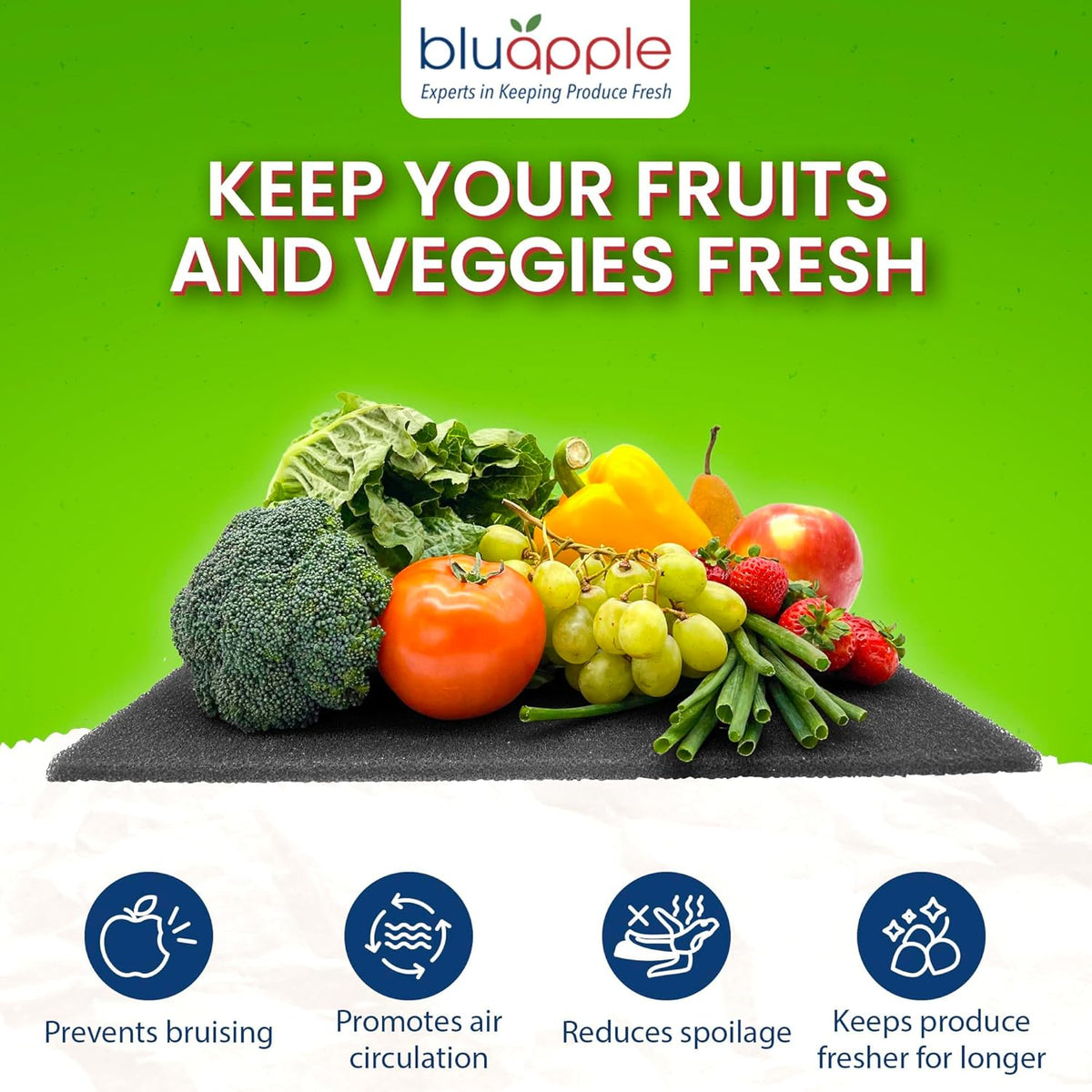 Bluapple FreshMats, Refrigerator Bin Liner, Fridge Drawer Mats, Crisper Life Extender Liner Keeps Produce Fresh Longer, Anti-Bruising, Helps Air Circulation, Washable & Reusable (4-Mats, 12x15, Gray)