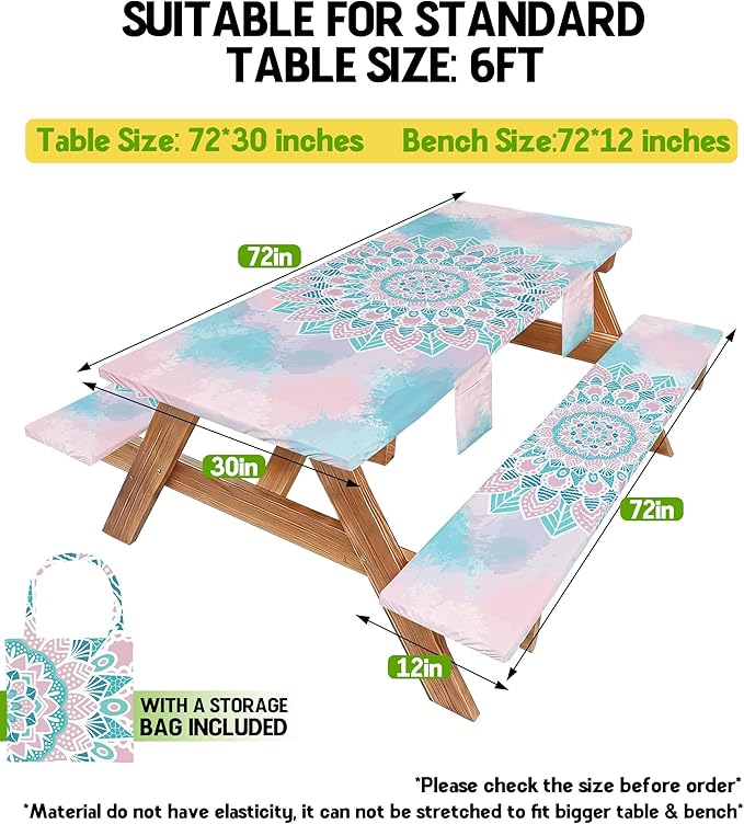 Picnic Table Cover with Bench Covers Waterproof Elastic Rectangle Reusable Folding Tablecloth Mantelería Manteles Camping Essentials Rv Car Travel Supplies Table Cloth Outdoor Road Trip Camper Gifts