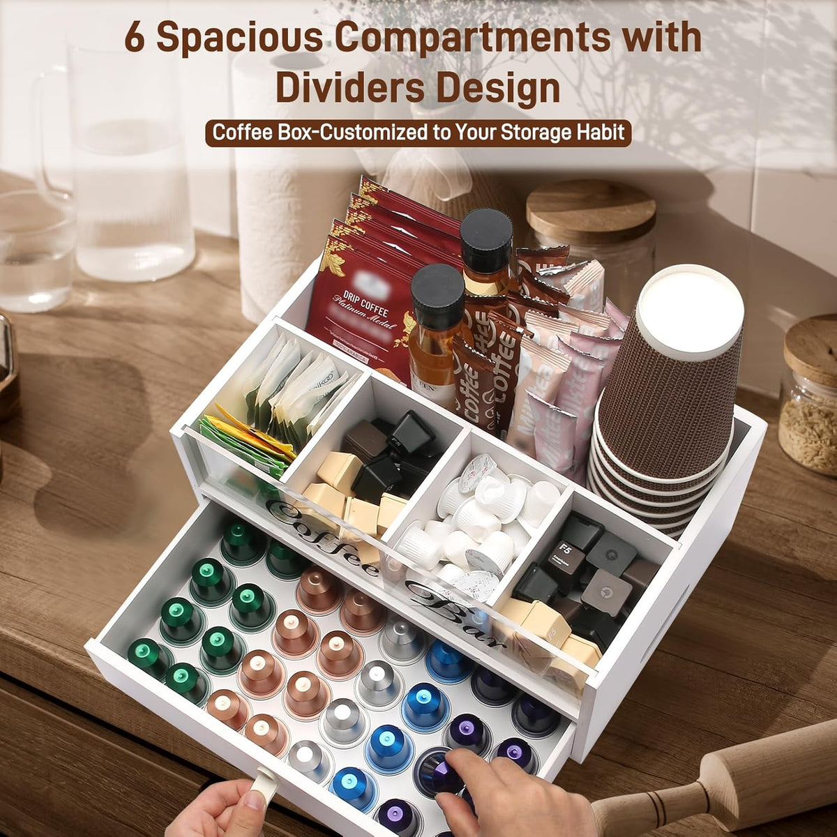 2-Tier Coffee Bar Organizer with Clear Acrylic Top, Built-in Drawer and Leather Handle Pull for Countertop
