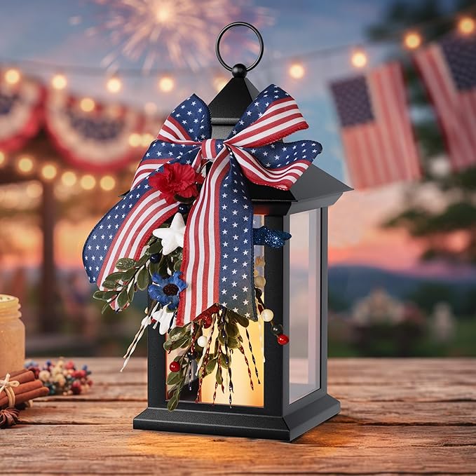 4th of July Lanterns Decorative Indoor, Black Lantern Decor with Timer Flameless Candle, Vintage Hanging Patriotic Lanterns, Independence Day Decorations for Home, Table, Porch, Patio, 1 Pack