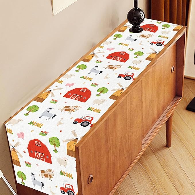 Farm Animals Table Runner, Rustic Farmhouse Cow Pig Rooster Watercolor Coffee Table Center Decor for Home Kitchen Dining Patio Holiday Party Indoor Outdoor Table Decorations, 13"x90" Inch