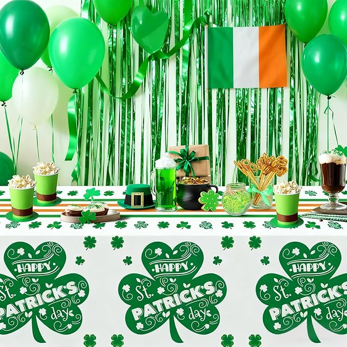 St. Patrick's Day Disposable Plastic Tablecloth 2 Pack, Green Shamrock Party Table Cover 54 x 108 Inch Rectangle, Lucky Irish St Patrick's Day Decorations for Holiday Party Supplies