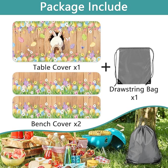 Easter Picnic Table Cover with Bench Covers, Cute Bunny Flower Brown Wooden Board Camping Tablecloth, Waterproof Windproof, Fitted Tablecloth Cover with Elastic Edge, for Outdoor, 3 PCS, 30x60 Inch