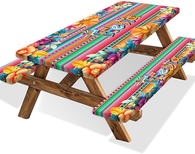 Mexican Fiesta Picnic Table Cover with Bench Covers, Cinco de Mayo Fiesta Waterproof Windproof, Camping Essentials, Fitted Tablecloth Cover with Elastic Edge, for Garden & Outdoor, 3 PCS, 30x96 Inch