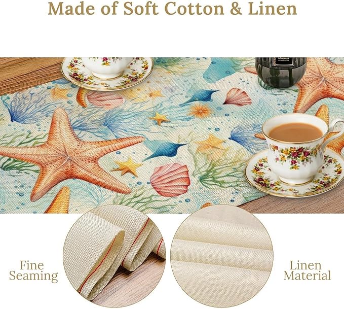 Starfish Conch Shell Table Runners, Season Coastal Marine Life Table Runners for Kitchen Dining Outdoor Home Party 13x108in