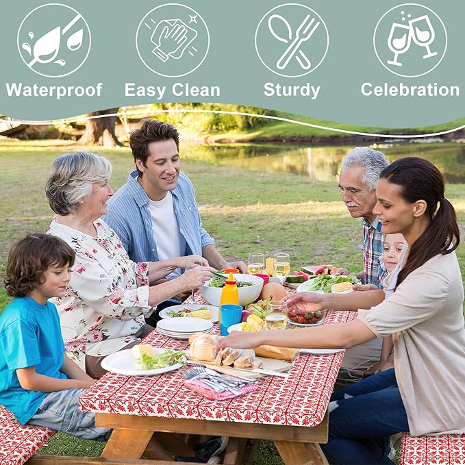 misaya Picnic Table Cover with Bench Cover, Waterproof Elastic Fitted Tablecloth for 8 Foot Tables, Rectangle Washable Polyester Tablecloths for Picnic, Camping, Outdoor (Red, 30" x 96")