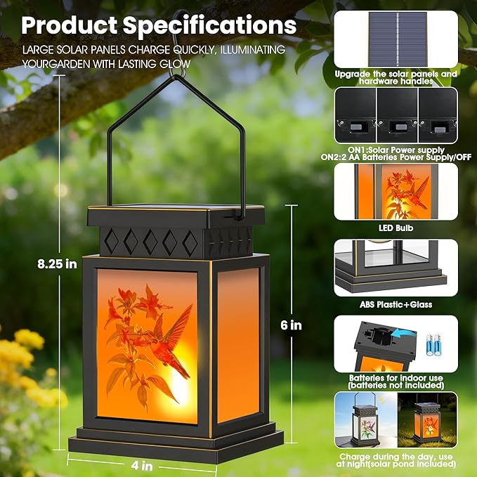 2 Pack Farmhouse Solar Lanterns ,Flame Glass Solar Lanterns ,Outdoor Waterproof Upgraded Solar and 2 AA Batteries Powered, for Mantelpiece,Outside Porch, Patio and Indoor Tables.