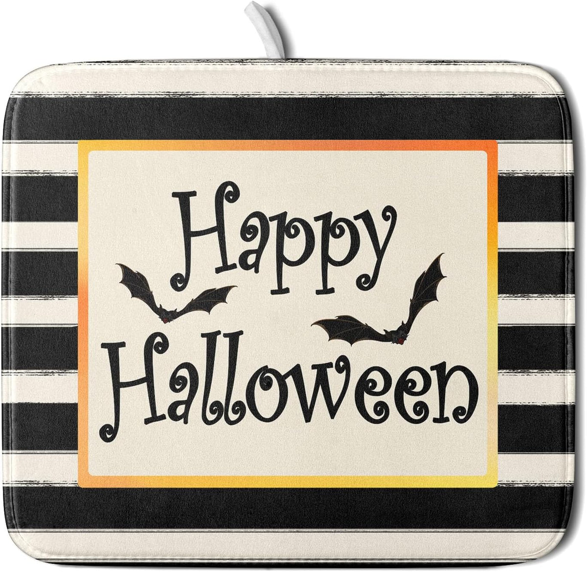 Happy Halloween Bats Dish Drying Mat for Kitchen Counter,Black and White Stripe Drying Mat 16 x 18 Inch with High Absorbent Microfiber Dish Drying