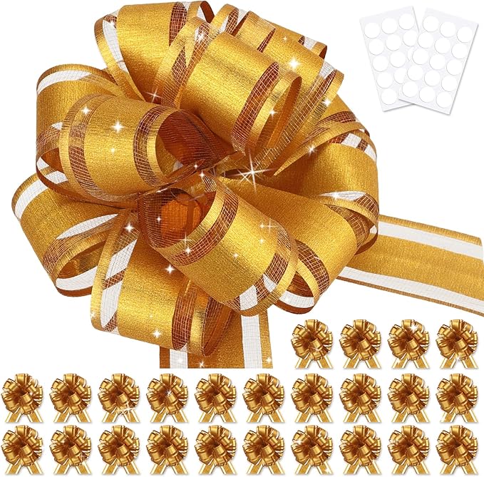 24pcs Gold Pull Bow for Gift Basket Wrapping Xmas Gift Bows Presents Adhesive Wrap Ribbon Bow for Christmas Tree Ornament Wine Bottles Bouquet Flower Valentine's Day Party Decor (Gold-G)