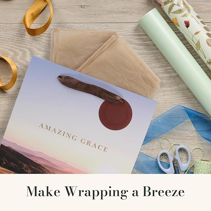 Christian Art Gifts Large Portrait Inspirational Faith-inspired Gift Bag, Tag & Wrapping Tissue Paper Set for Men & Women: Amazing Grace, Sturdy Satin Ribbon Handles, Sunny Multicolor Scenic Landscape