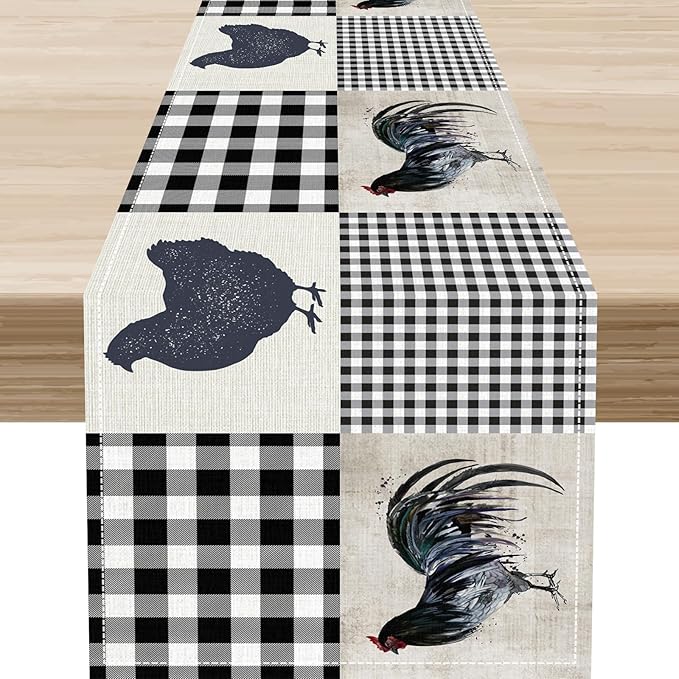Farmhouse Rooster Table Runner, Vintage Rooster Retro Farmhouse Country Chicken Buffalo Checked Coffee Table Center Decor for Home Kitchen Dining Patio Holiday Party Table Decorations 13"x36"