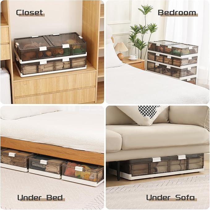 2-Pack Under Bed Storage Containers with Wheels - Stackable, Foldable Plastic Storage Boxes with Lids for Clothes, Shoes, Blankets - Perfect for Bedroom Organization and Dorms