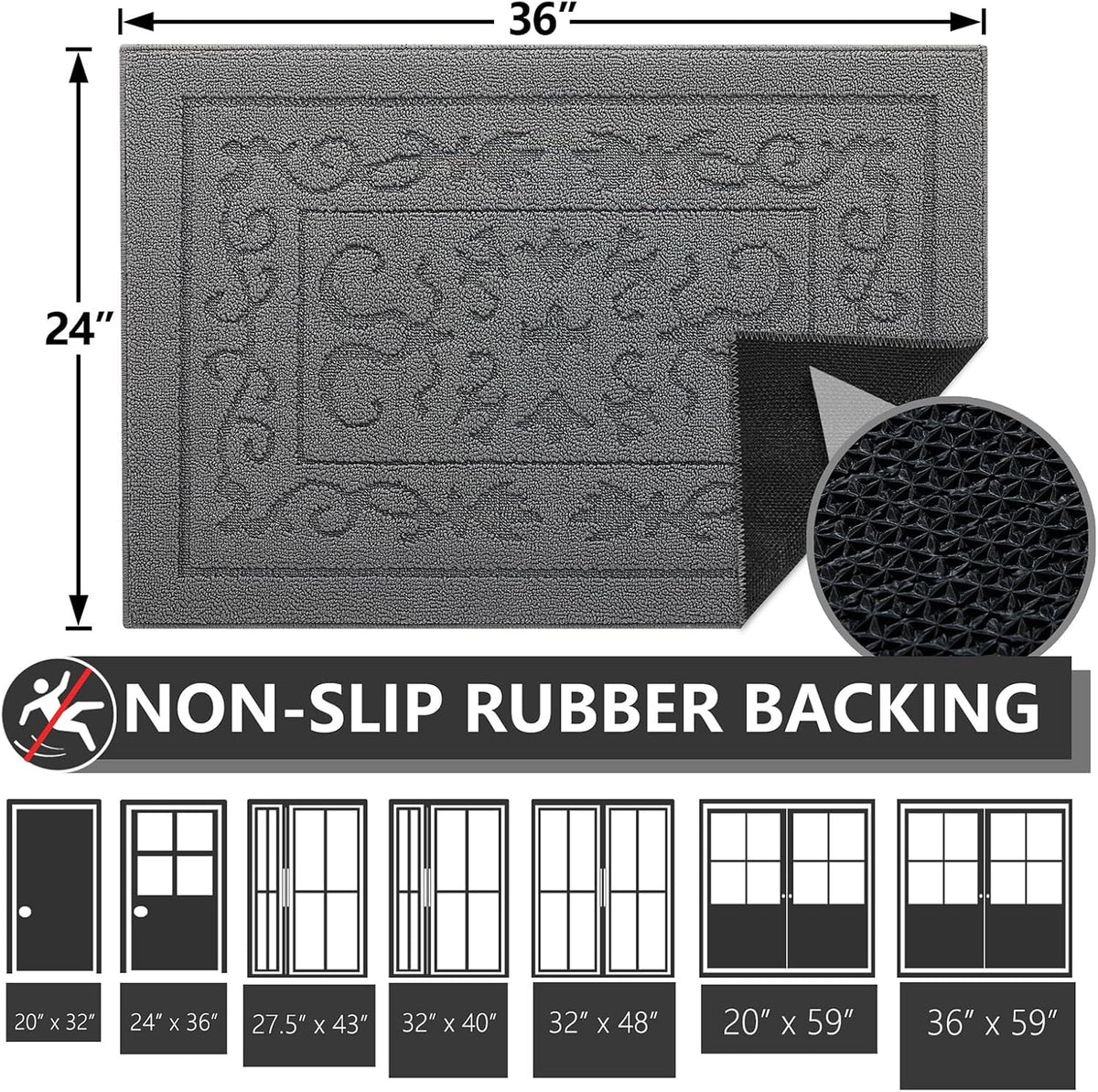 FONEYI Indoor Door Mat 24" x 36", Dirt Trapper Door Mats Non-Slip Entryway Rugs Washable, Absorbent Resist Dirt Welcome Mat, Low Profile Inside Floor Mats for Front Back Door and Entryway, Grey