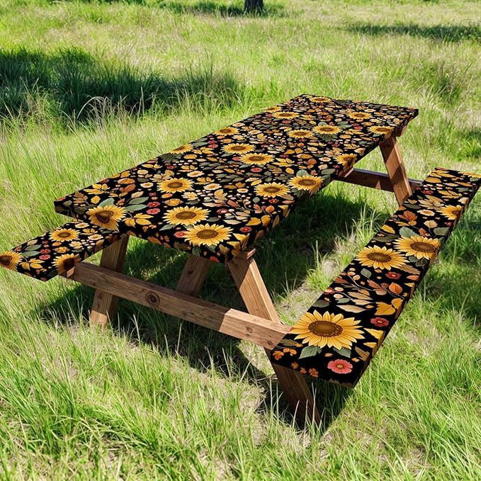 Picnic Table Cover with Bench Covers, Camping Essentials, Sunflower Flower Leaves Waterproof Windproof Patio Table Cover, Fitted Tablecloth Cover with Elastic Edge for Indoor Outdoor 3 PCS 30x72 Inch