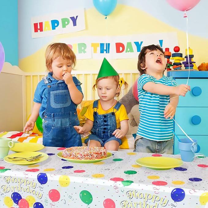Mulbozy 4 Pcs Birthday Tablecloth Disposable Plastic, Colorful Balloons Confetti Happy Birthday Table Covers for Parties Decoration Supplies, 108 x 54 inch