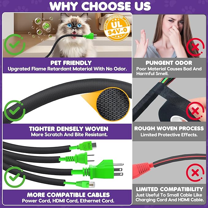 UOMTFAI Cord Protector for 1 Cord 6.6ft 3/10 Inch, Flexible Cord Protectors from Pets No Chew Cable Management Cable Sleeve, Cable Organizer Cord Cover for USB Power Cords Audio and Video Cords