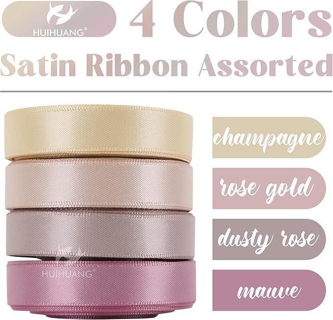 HUIHUANG Satin Ribbon 1/2 inch x 4 Rolls Dusty Rose/Rose Gold/Mauve Ribbon/Champagne for Gift Wrapping DIY Crafts Hairs Decor Flower Bouquets Wedding Decor- Total 40 Yards