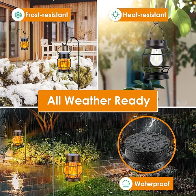 TomCare Solar Lanterns Flickering Flame Solar Lights Outdoor Waterproof Metal Hanging Lantern Lighting Solar Powered Lanterns for Decorative Outdoor Patio Porch Garden Lawn,4 Pack