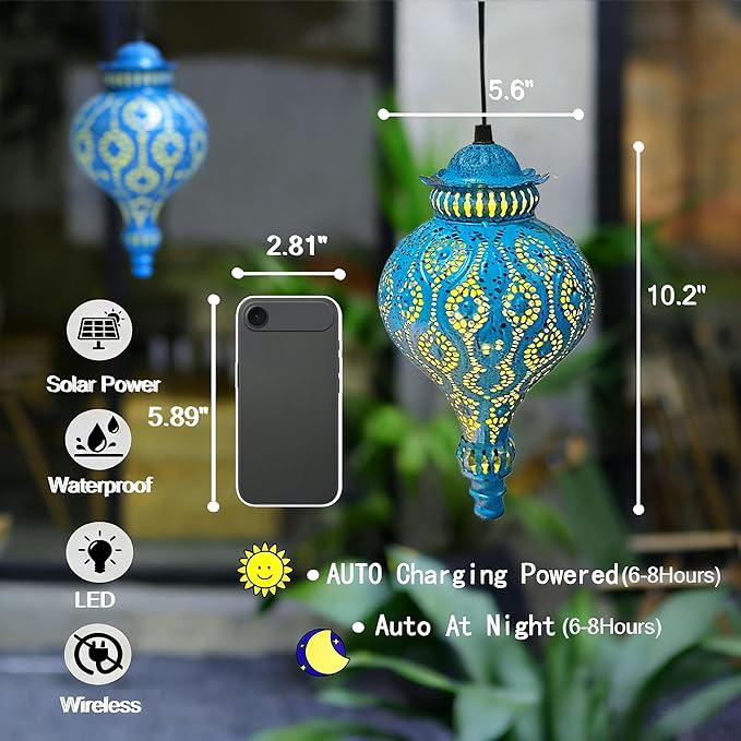 Moroccan Solar Lanterns Outdoor Waterproof Blue Hanging Lanterns Outdoor Ramadan Garden Decor Gardening Gifts for Women Mom Grandma Solar Lights for Patio, Pathway, Yard, Porch, Backyard.