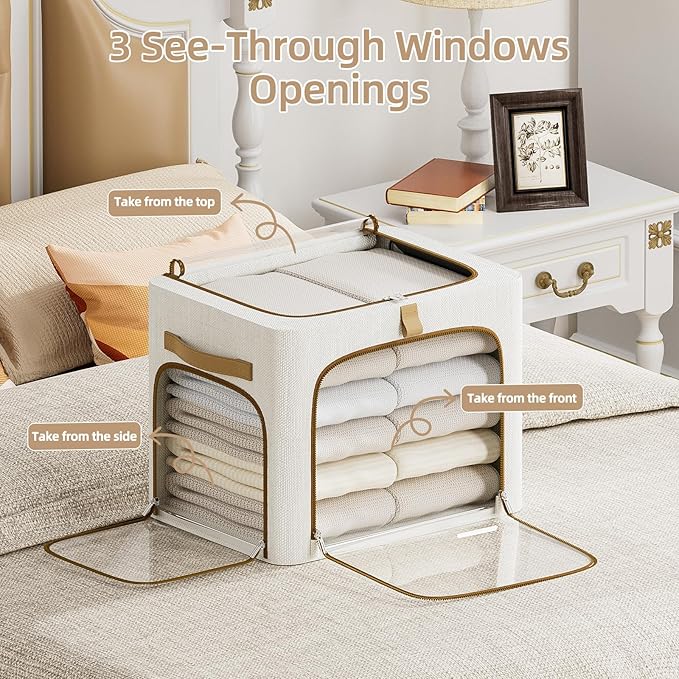 CYhom Clothes Storage Bins with Metal Frame,3 See-Through Windows Openings Clothing Storage Bin,3 Pack Foldable Storage Bins Boxes for Closet (White, 43L-16.5 x 12.6 x 12.6IN)