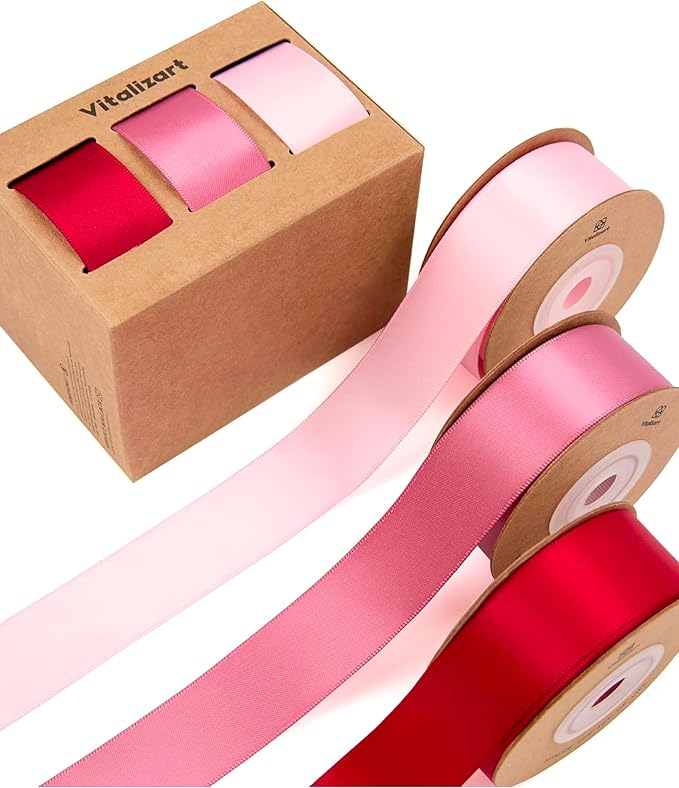 Vitalizart Ribbon for Gift Wrapping 1" x 30Yd Doubel Face Continuous Functional Satin Ribbon for Crafts Silk Like Fabric Flower Bouquet Birthday Party Decorations Bridal Shower Wreath Hair Pink & Red