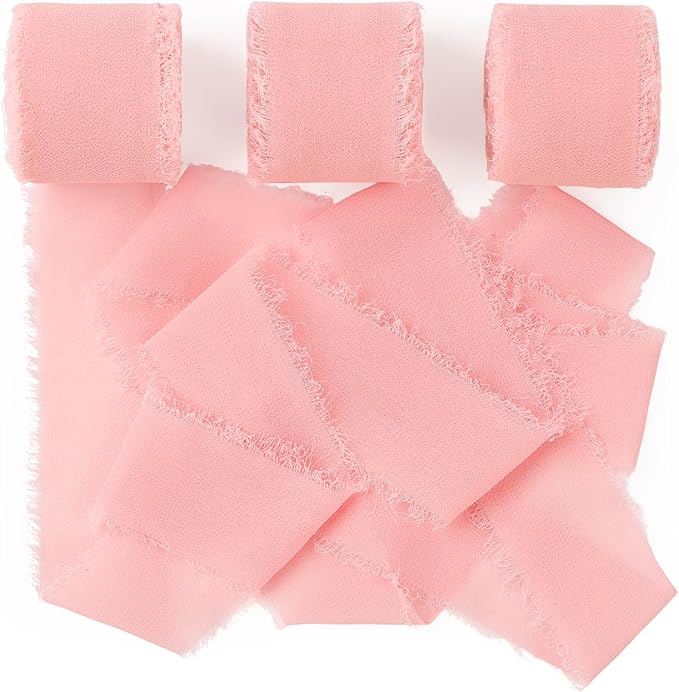 Pink Chiffon Ribbon 1.5" x 21 Yd Handmade Fringe Silk Chiffon Fabric Ribbon for Gift Wrapping Wedding Invitation Bridal Flower Bouquet DIY Crafts Home Decor