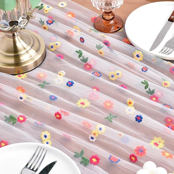 Joanlody 3pcs Ivory Embroidery Daisy Spring Summer Table Runner 10ft Florals Seasonal Easter Tulle Table Runner Holiday Kitchen Dining Table Decoration for Home Party Indoor