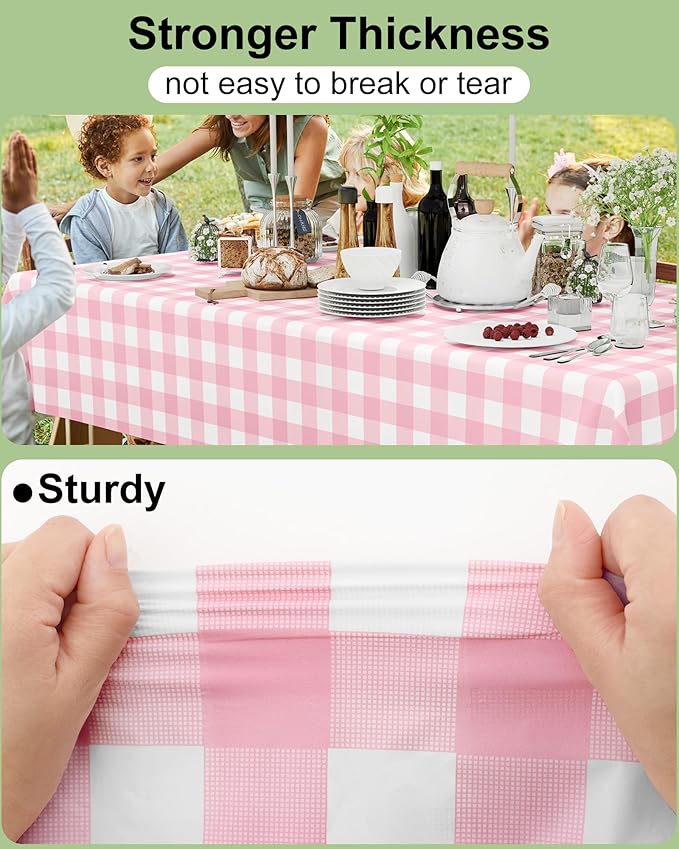 Smiry 8 Packs Gingham Disposable Table Cloth, 54 x 108 Inch Waterproof Plastic Tablecloth, Rectangle Pink and White Checkered Table Covers for Party, Birthday, Picnic, Valentines