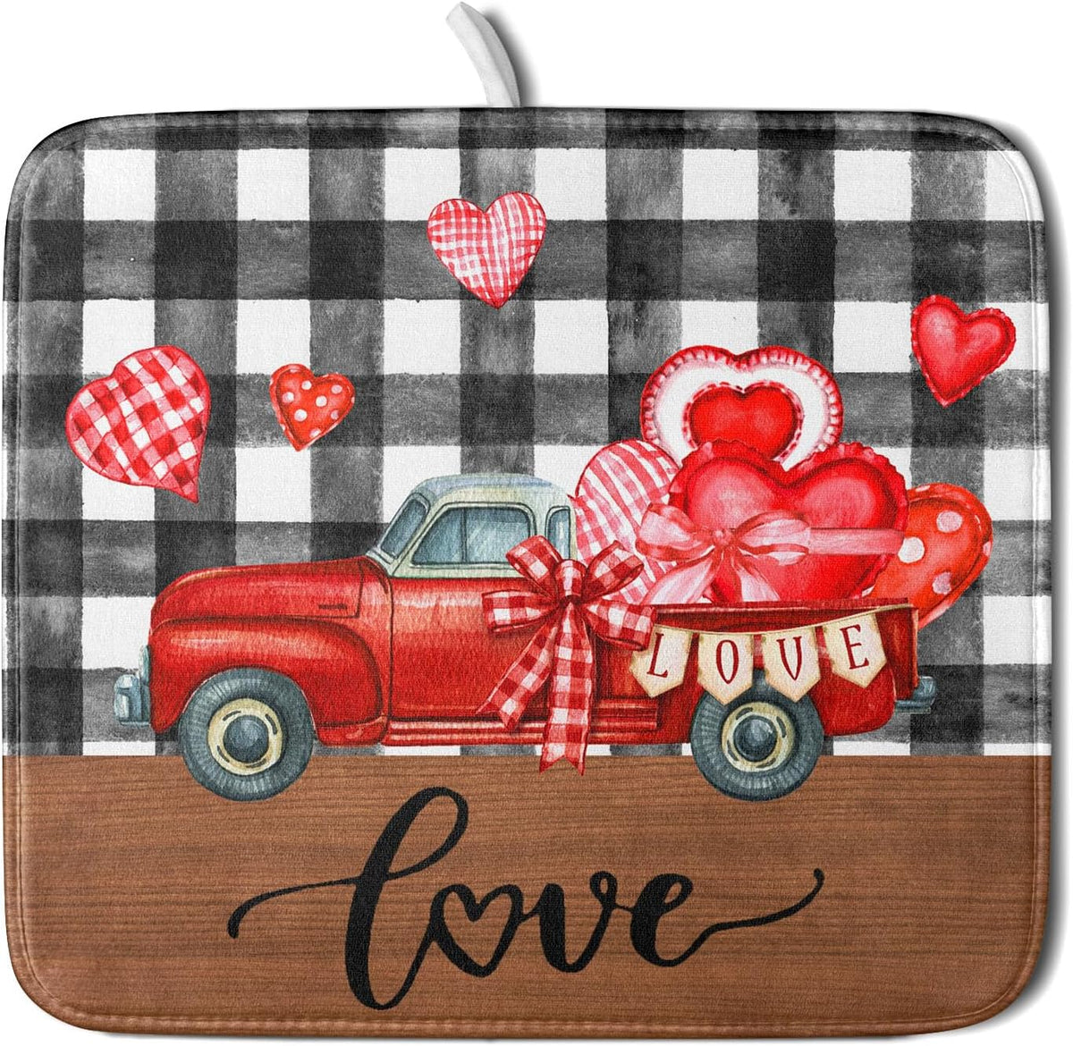 Valentine's Day Red Heart Truck Dish Drying Mat for Kitchen Counter,Black White Buffalo Plaid Love Drying Mat 16 x 18 Inch with Absorbent Reversible
