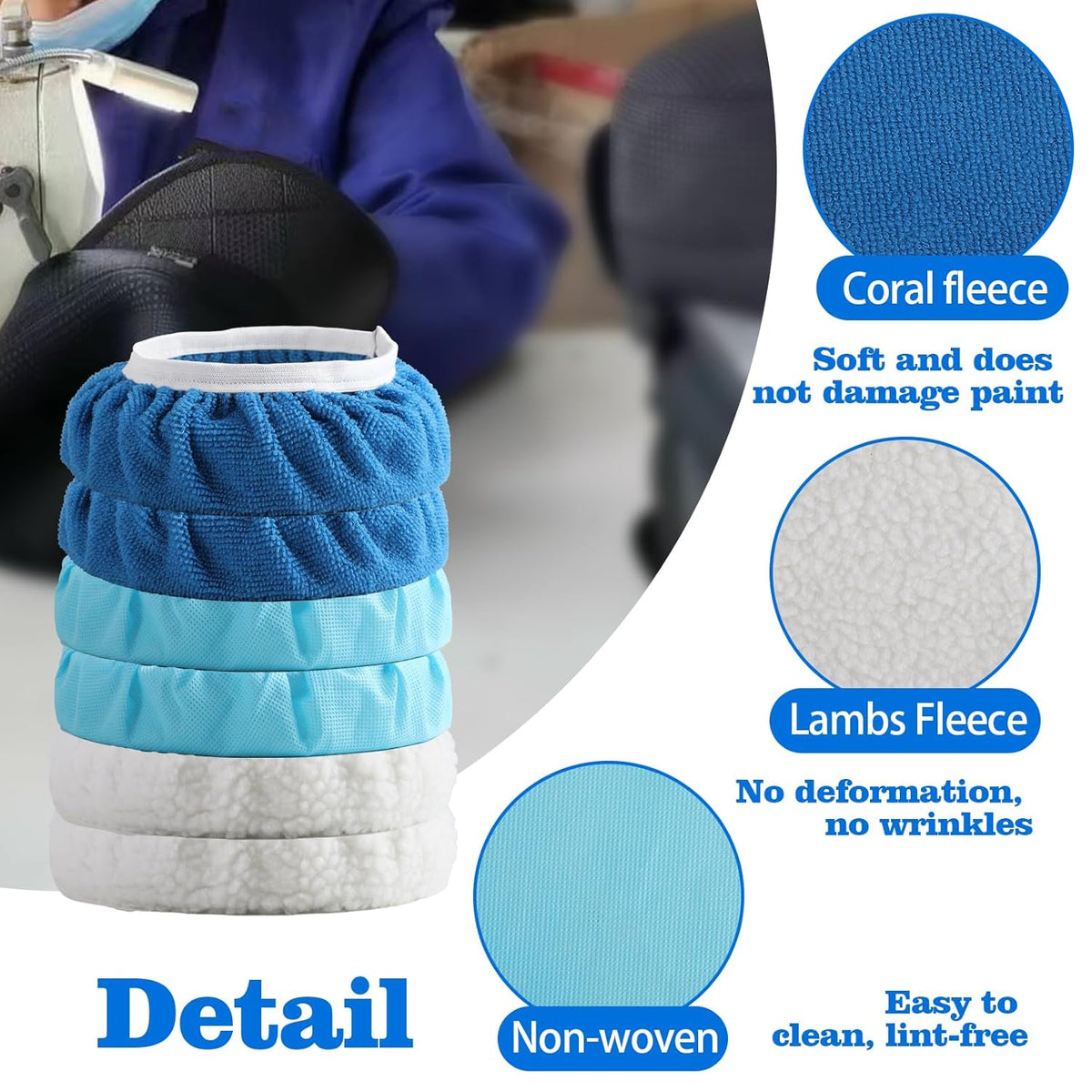 40 Piece Car Polisher Pad Set, Mix Pack of 24 Microfiber, 8 Non Woven, 8 Woolen Bonnets, 7-8 Inch, Dark Blue, Light Blue, White, Suitable for Metal, Bronze, Wood, Plastic