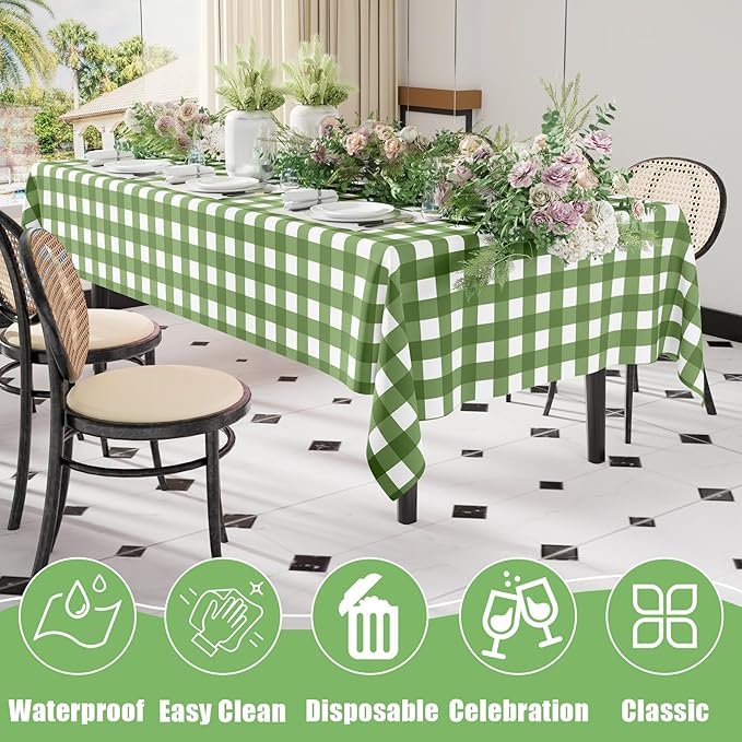 Smiry 3 Pack Sage Green Gingham Disposable Tablecloths - 54" x 108" Heavy Duty Plastic Table Cloth, Waterproof Buffalo Plaid Table Covers for Picnic, Banquets, Outdoor, Easter