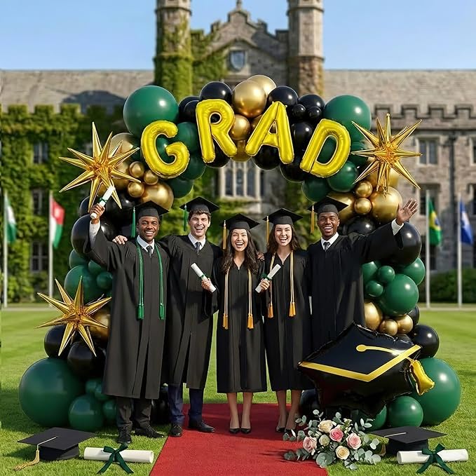 2026 Graduation Party Decorations Green Black Gold Balloons Garland Arch Kit 130pcs-Congrats Grad Golden Letter Balloons for 2026 Prom Party Supplies