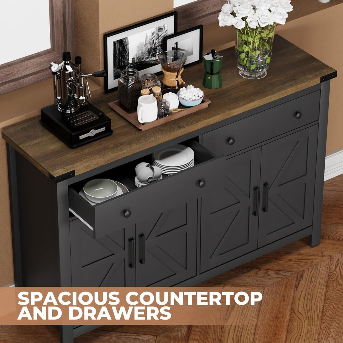55" Sideboard Buffet Cabinet with Storage, Coffee Bar Cabinet with 2 Drawers and 4 Barn Doors, Long Storage Cabinet Modern Farmhouse, Black Wood