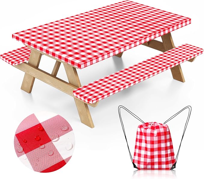 Picnic Table Cover with Bench Covers and Bag, Camping Table Camping Essentials Cover with Elastic Edges (Red)