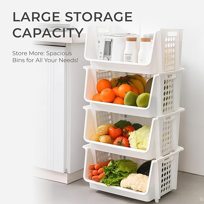 TidyFriend Large Stackable Storage Bins for Pantry - 4 Pack, Stackable Bins For Organizing Food, Kitchen, and Bathroom Essentials (White)