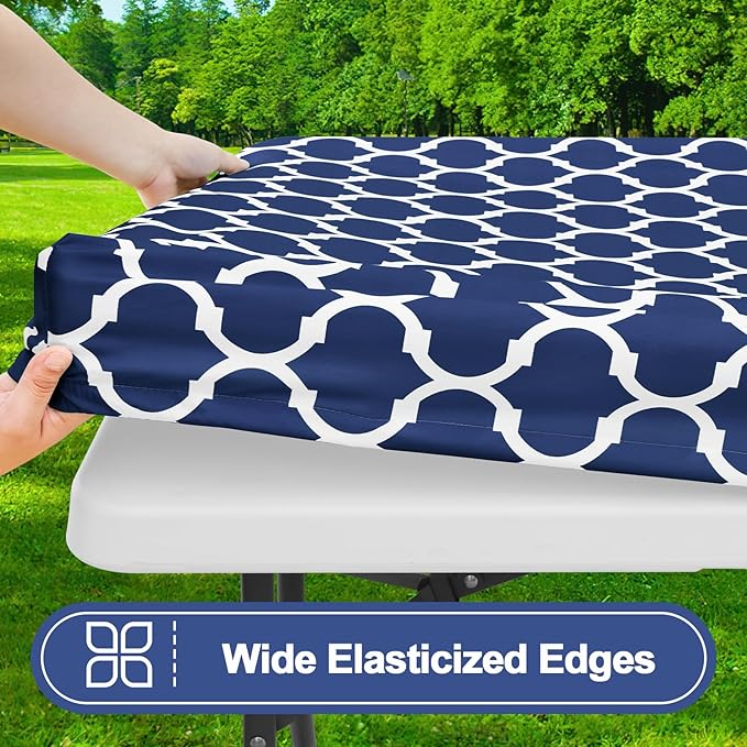 Smiry Picnic Table Cover with Bench Covers, Waterproof Elastic Fitted Tablecloth for 4 Foot Tables, Washable Polyester Tablecloths for Camping, Indoor & Outdoor (Navy, 24x48 Inch 3-pc Set)