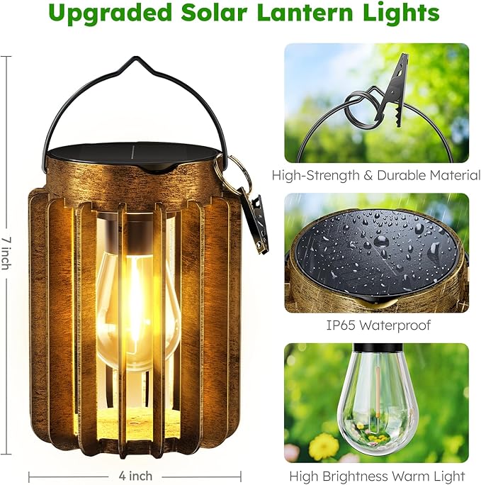 Ahaorigin Solar Lanterns Outdoor Waterproof, Brighter Up to 12 Hrs Outdoor Hanging Solar Lights, Outside Hanging Lanterns for Garden Porch Patio Yard Decor, Gifts for Women Mom Father 2 Pack