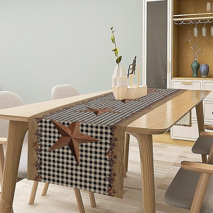 Rustic Star Table Runner, Vintage Wood Barn Black Grid Western Texas Farmhouse Country Print Table Runner for Home Party Patio Indoor Outdoor, 13x70inch
