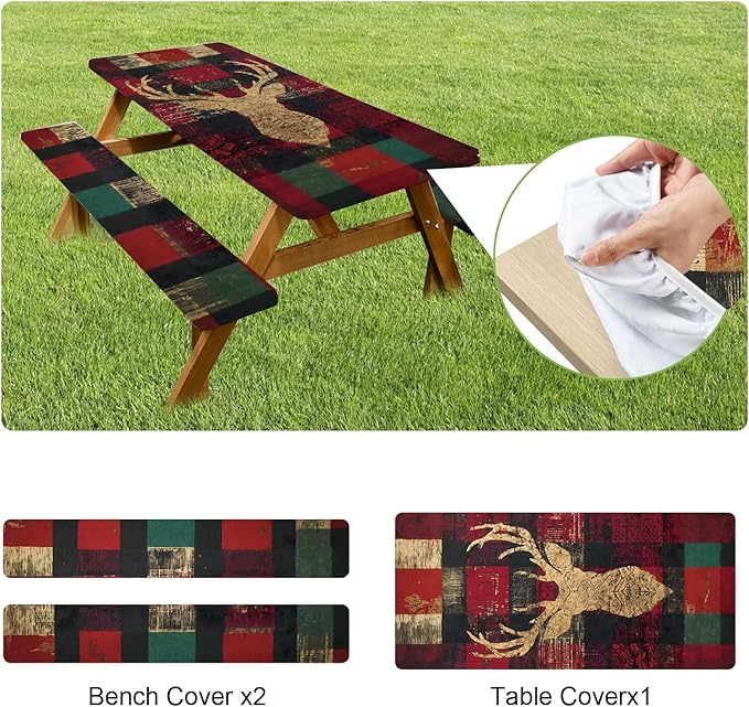 ANNA QUEEN 6FT Christmas Deer Picnic Table Cover with Bench Covers Picnic Table Cover Set 3PCS 72"x30", Waterproof Outdoor Bench and Tablecloth Furniture Protection for Camping