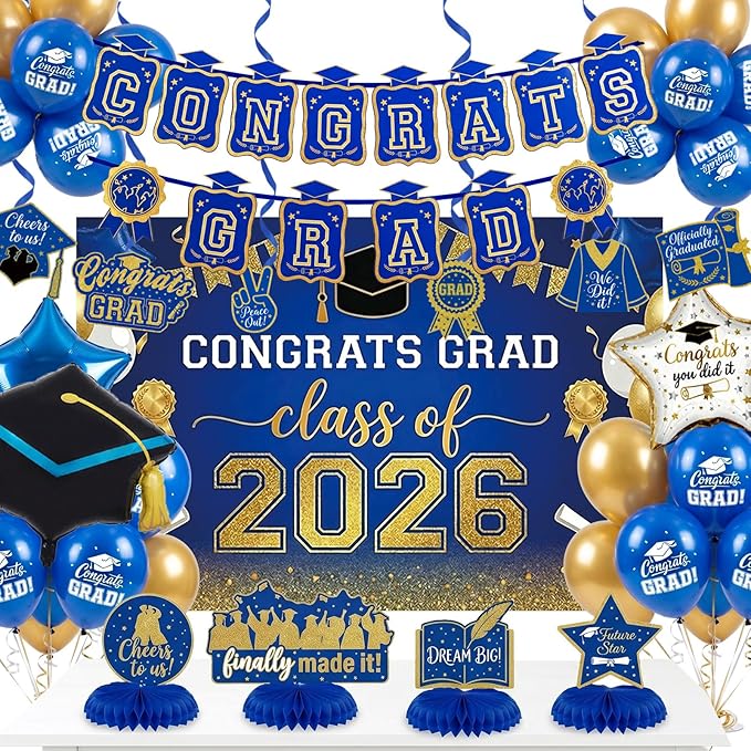 2026 Graduation Decorations Royal Blue and Gold - Congrats Grad Banner Backdrop, Hanging Swirls, Honeycomb Centerpieces & Balloons - Class of 2026 Party Supplies Set
