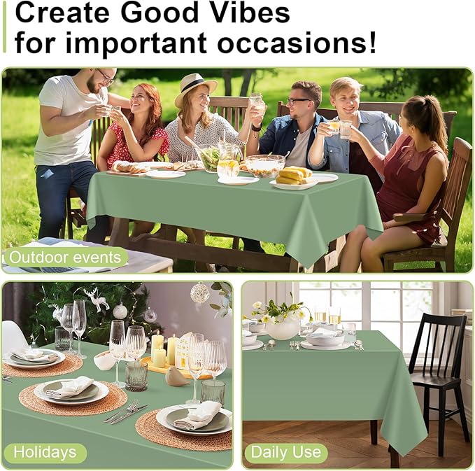 QIKSION Sage Green Plastic Table Cloth Disposable 6 Pack, 54 x 108 Inch Tablecloths for Baby Shower Birthday Bridal Wedding Party Decorations, Rectangle Table Cover