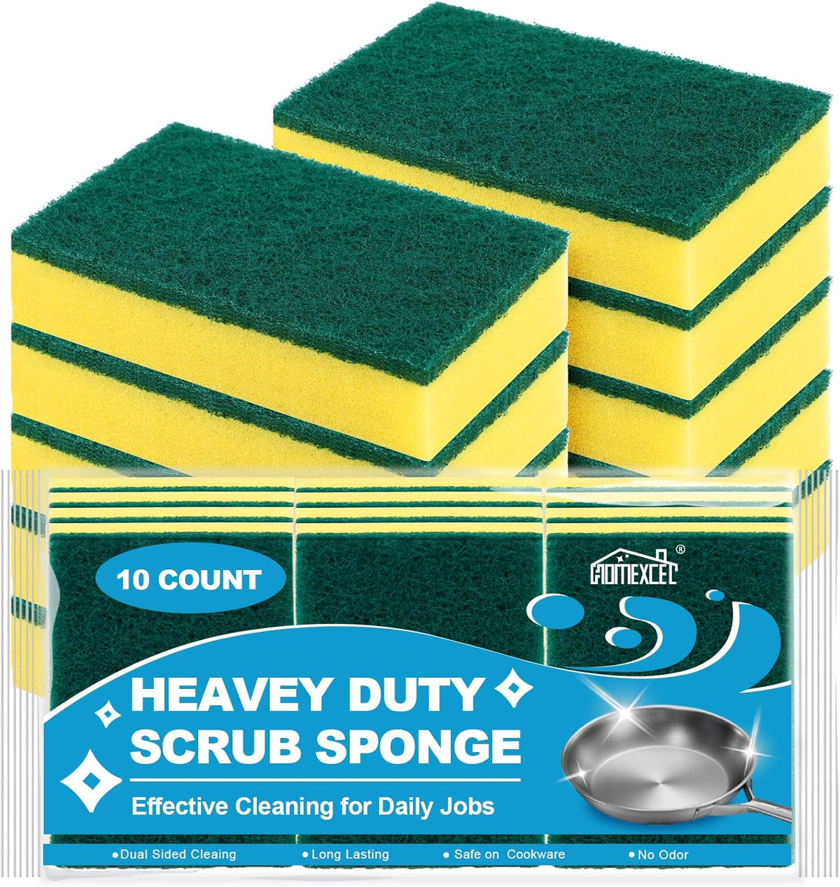 HOMEXCEL Heavy Duty Scrub Sponges Kitchen 10 Count, Extra-Large Sponges for Cleaning Kitchen and Household, Dish Scrubber for Washing Dishes, Pots and Pans