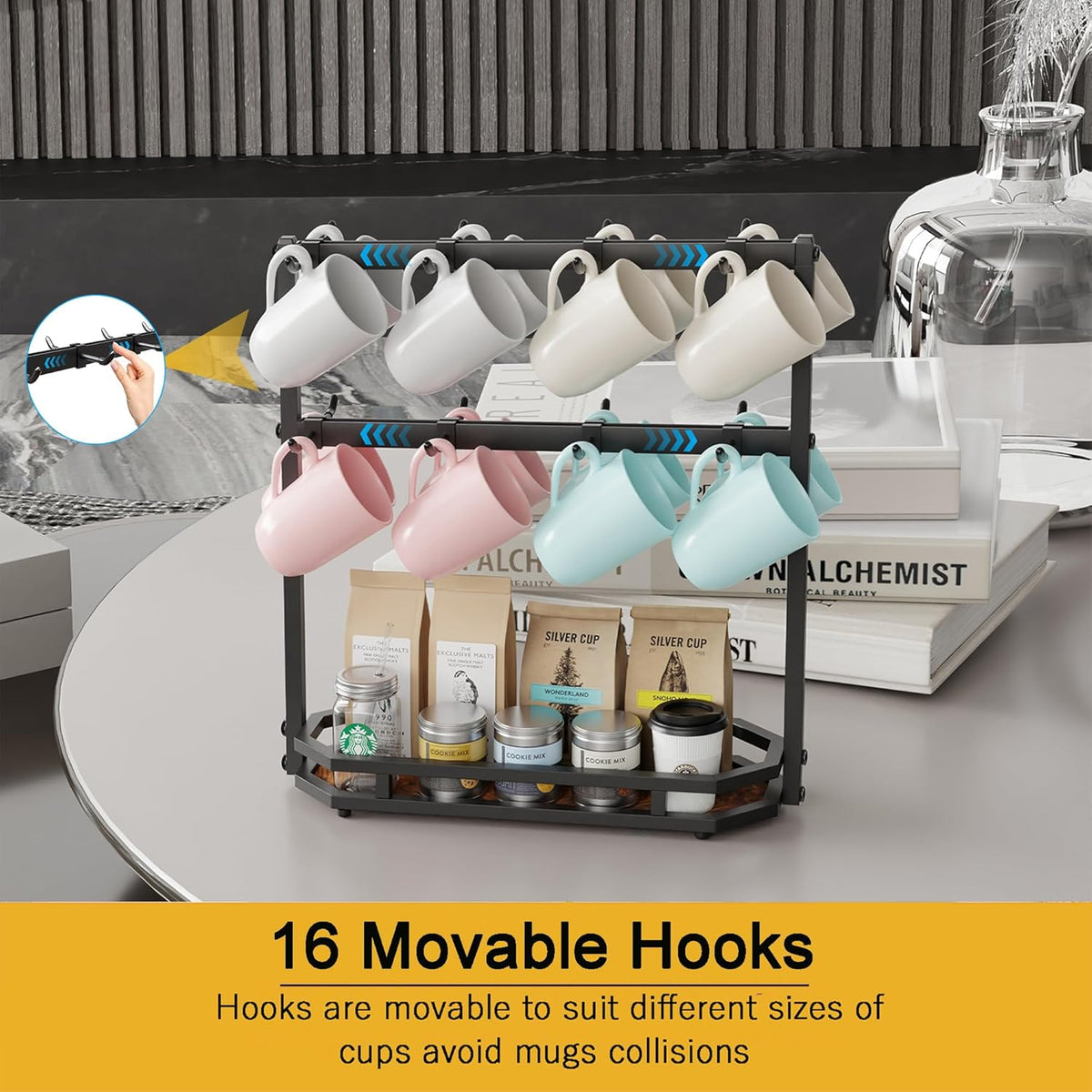 Coffee Mug Holder with Movable Hooks,16 Capacity Coffee Cup Holder for Countertop, Metal Mug Tree Holder Rack with Storage Base