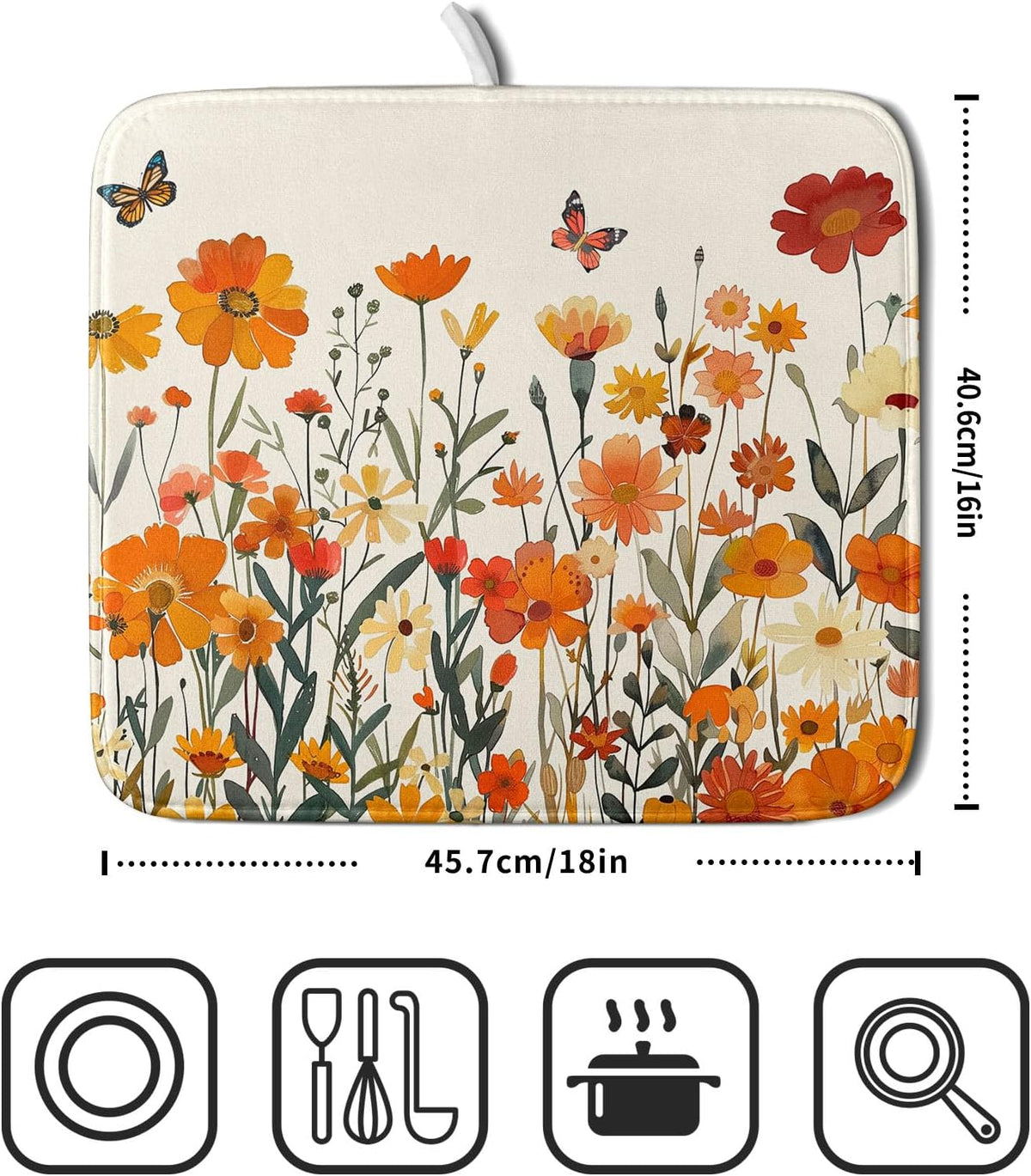 Fall Orange Wildflower Dish Drying Mat for Kitchen Counter,Autumn Floral Butterflies Drying Mat 16 x 18 Inch with Absorbent Reversible Microfiber