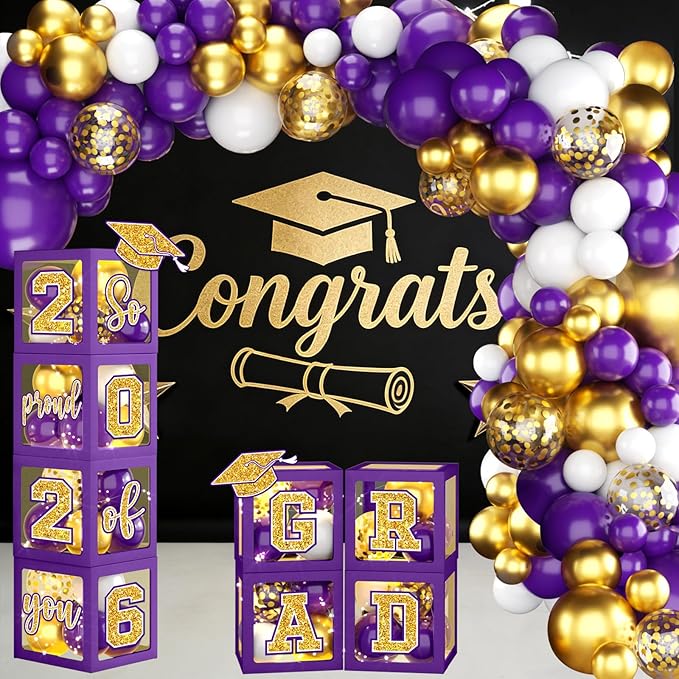 Graduation Decorations Class of 2026, Purple and Gold Graduation Decorations 2026, Purple Boxes Balloon Arch with Letters So Proud of You Grad 2026 for Memorable College Graduation Party Supplies