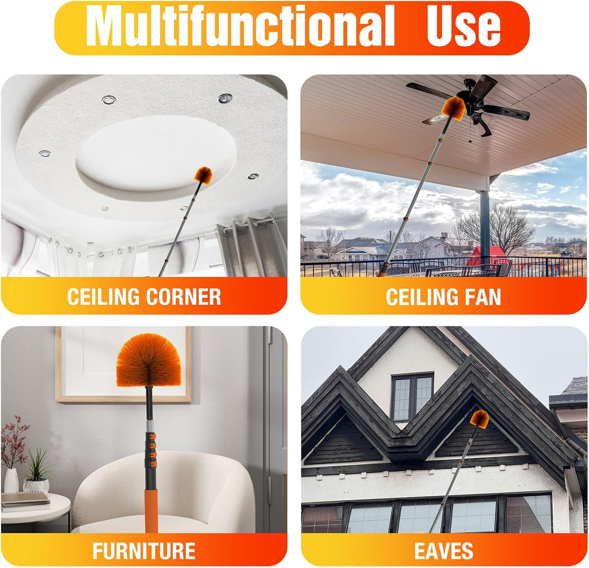 20FT (26FT Reach) Cobweb Duster with Extension Pole, Spider Web Brush for Cleaning Extendable, Professional Ceiling and Corner Dusters for Outdoor Indoor Use