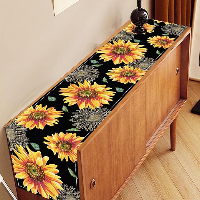 Black Yellow Floral Table Runner, Watercolor Sunflowers Vase Spring Sunshine Summer Farmhouse Rustic Table Center Decor for Home Kitchen Dining Patio Indoor Outdoor Table Decorations, 13"x72" Inch